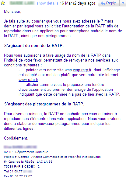 Pour diverses raisons, la RATP ne souhaite pas vous autoriser à reproduire ces éléments dans votre application. Nous vous invitons donc à élaborer de nouveaux pictogrammes pour indiquer les différentes lignes.